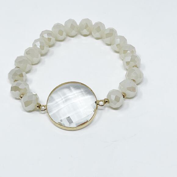 Cream Beaded Stretch Bracelet with Clear Gemstone Charm Fashion Statement - Picture 2 of 8